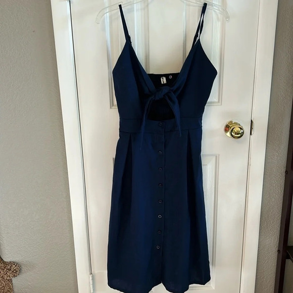 Ecowish Women’s M Navy Blue Tie Front Button Down Spaghetti Strap Summer Dress - Picture 1 of 6